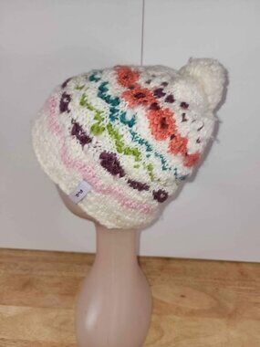 FUR Headwear Knit Stocking Cap Winter Beanie Pom Hat Cream With Multi Stripes F0